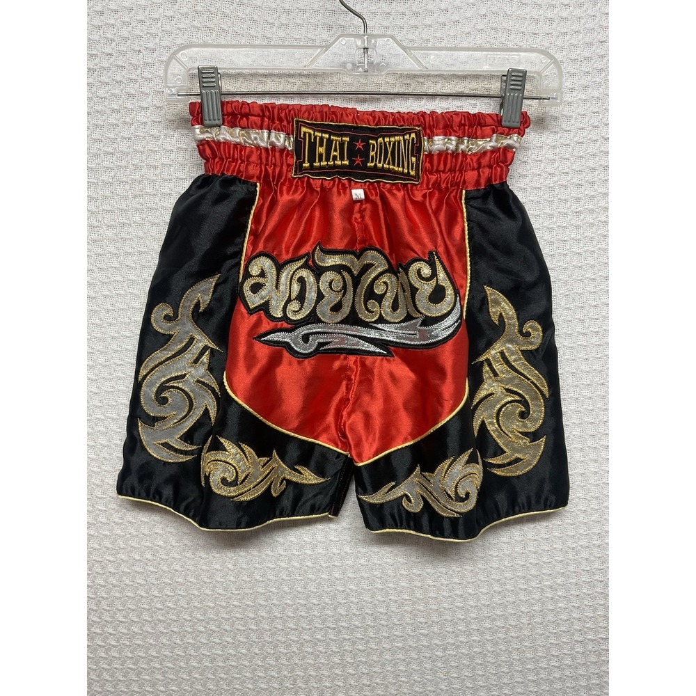 Muay Thai Shorts Medium 24x4"Boxing Kickboxing Blue Gold Trim Sports Embroidered